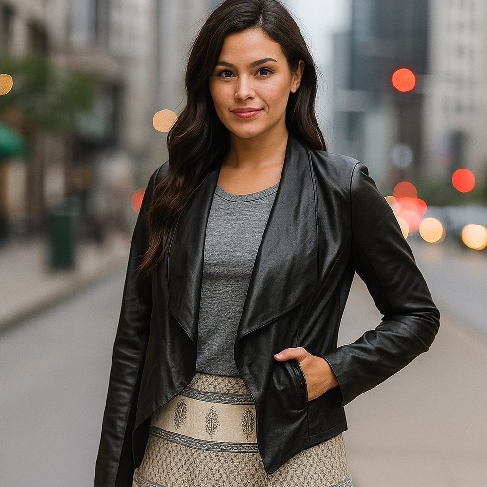 INC Sz S Black Soft Genuine Leather Knit Gore Jacket Asymmetrical Open Front Hem